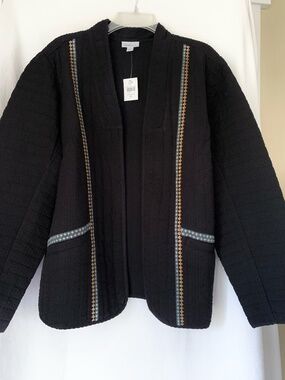 J. Jill / Pure Jill black seersucker quilted open front jacket with pockets